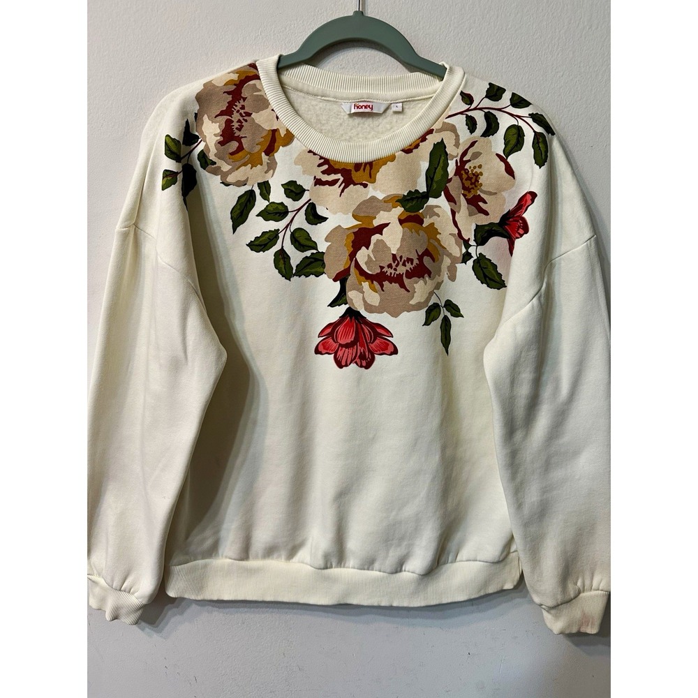 Honey Women Crewneck Sweatshirt Large Cream Floral Graphic Print Fleece Pullover